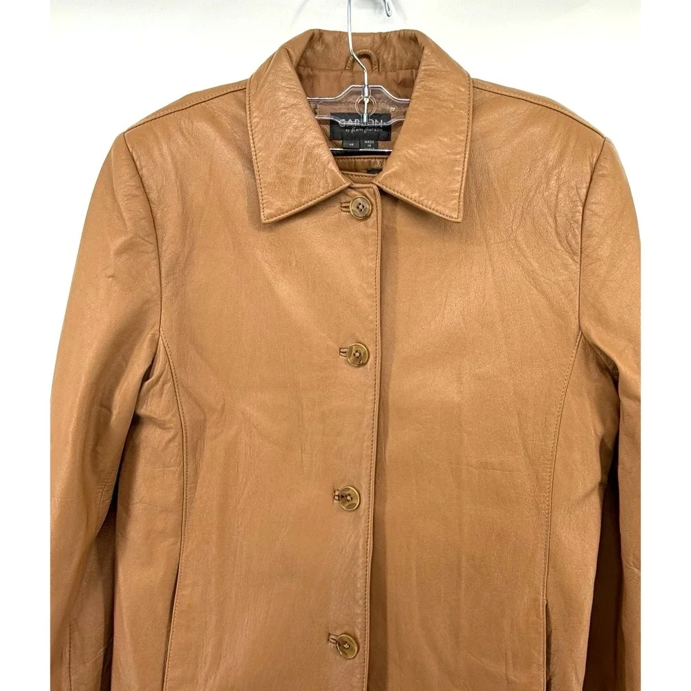 Rem Garson Camel Brown Button Front Leather Jacket Women 12 Sophisticated Money